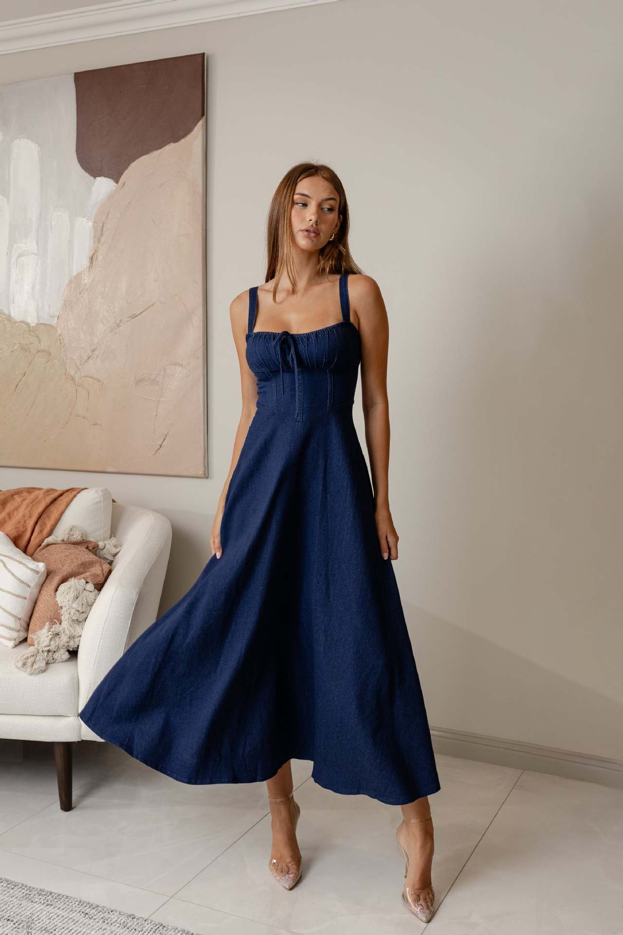 Margo & Main – navy corset-bodice denim midi dress, styled view, US women's sizes
