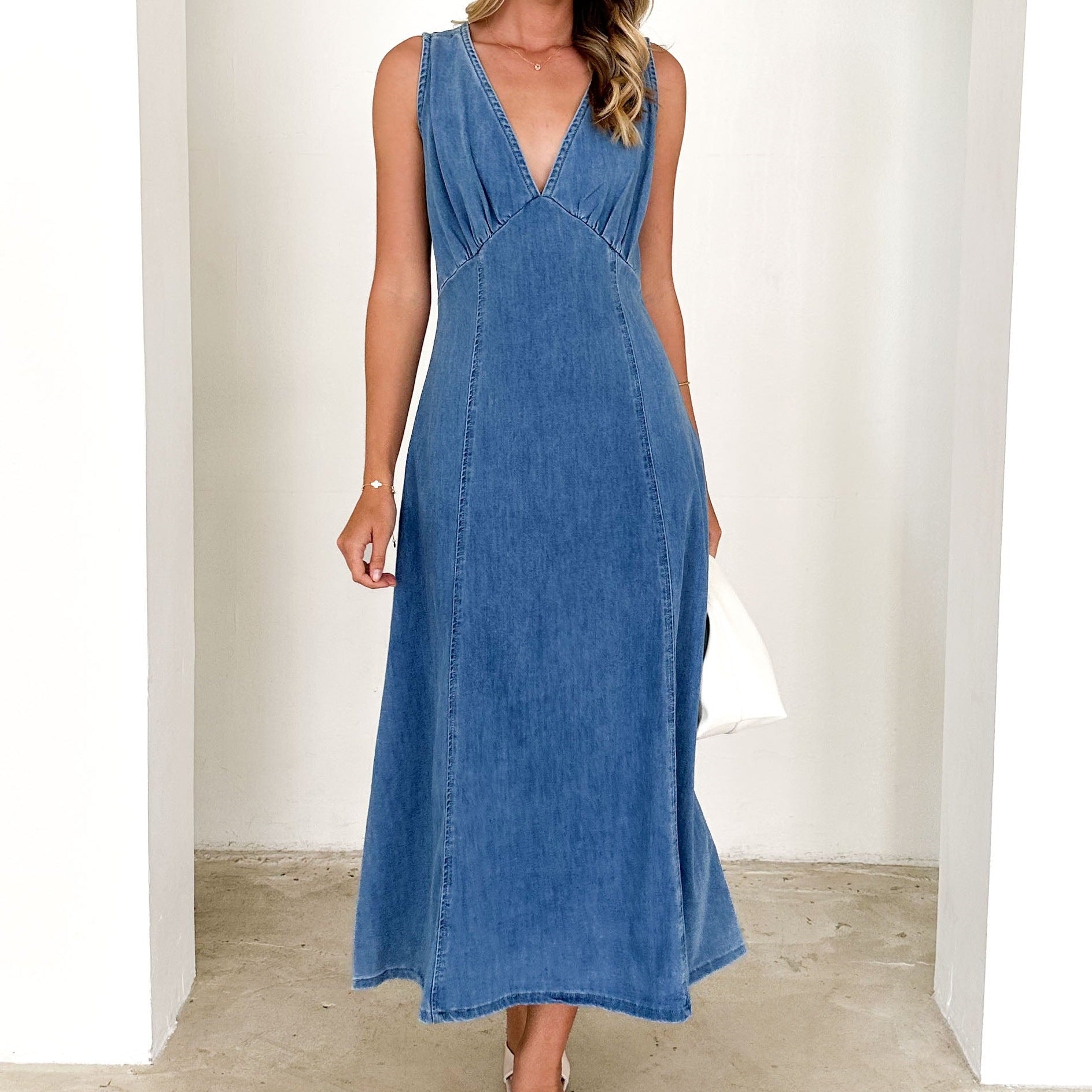 Margo & Main – blue denim sleeveless V-neck maxi dress full front view, US women's sizes