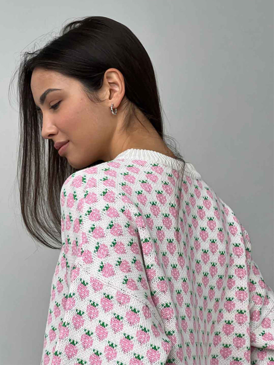 Alodie Strawberry Jacquard Crew Neck Sweater