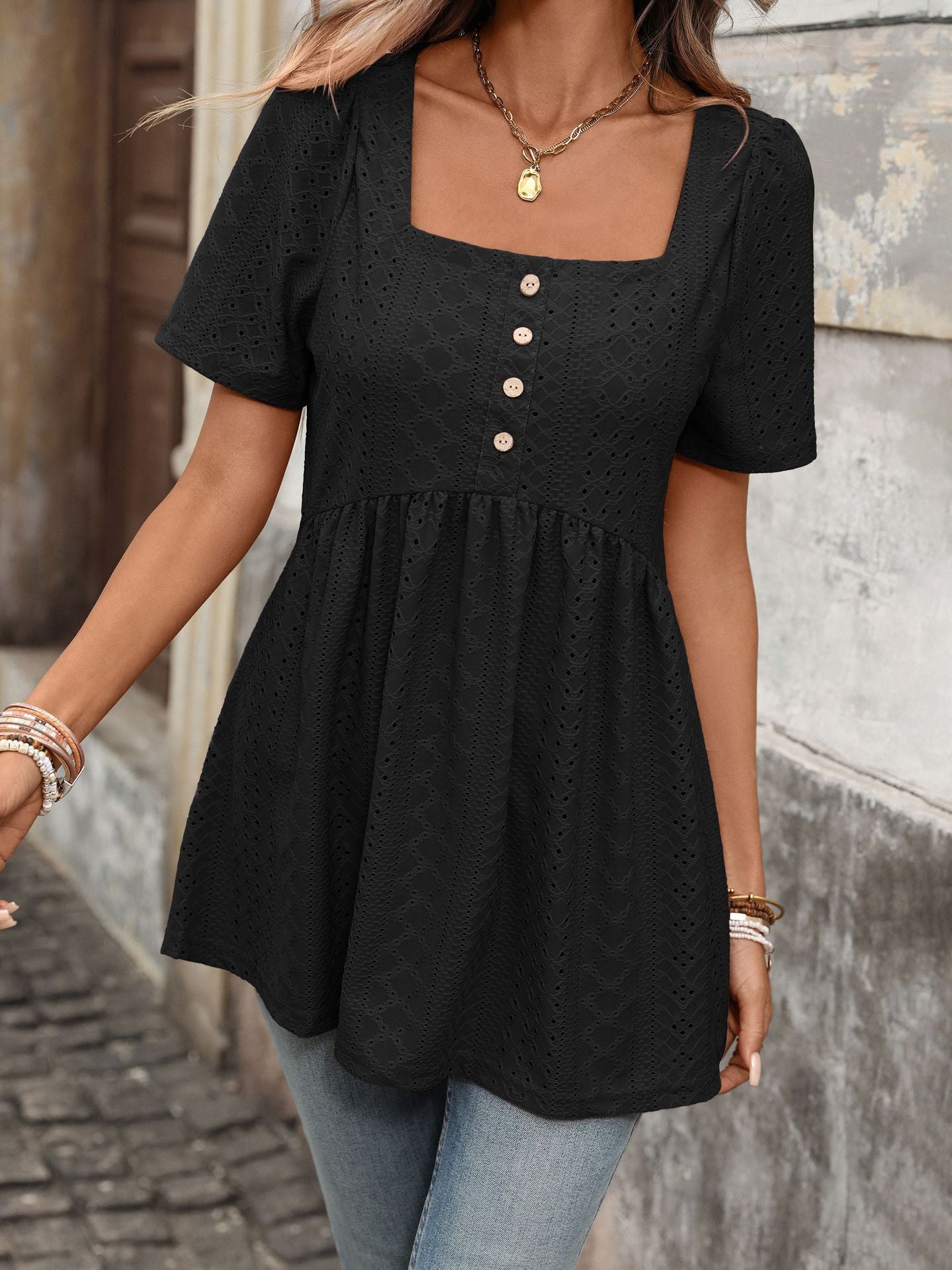 Margo & Main – eyelet square-neck peplum tunic, close-up view, US women's sizes