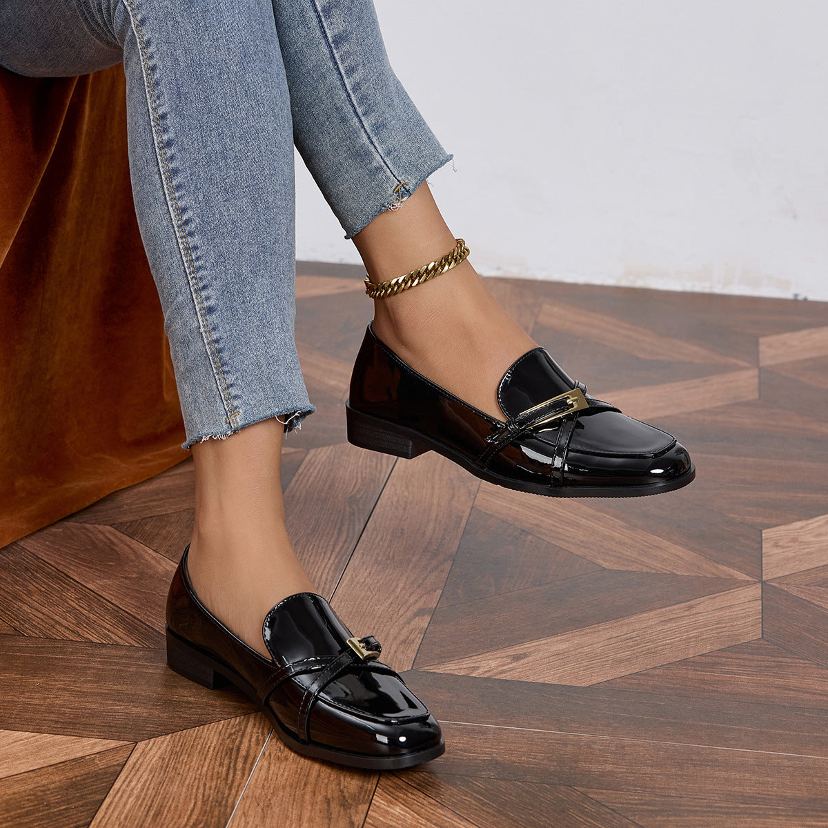 Margo & Main – Black Patent Square Toe Bar Loafers squared toe close-up worn, US women's sizes