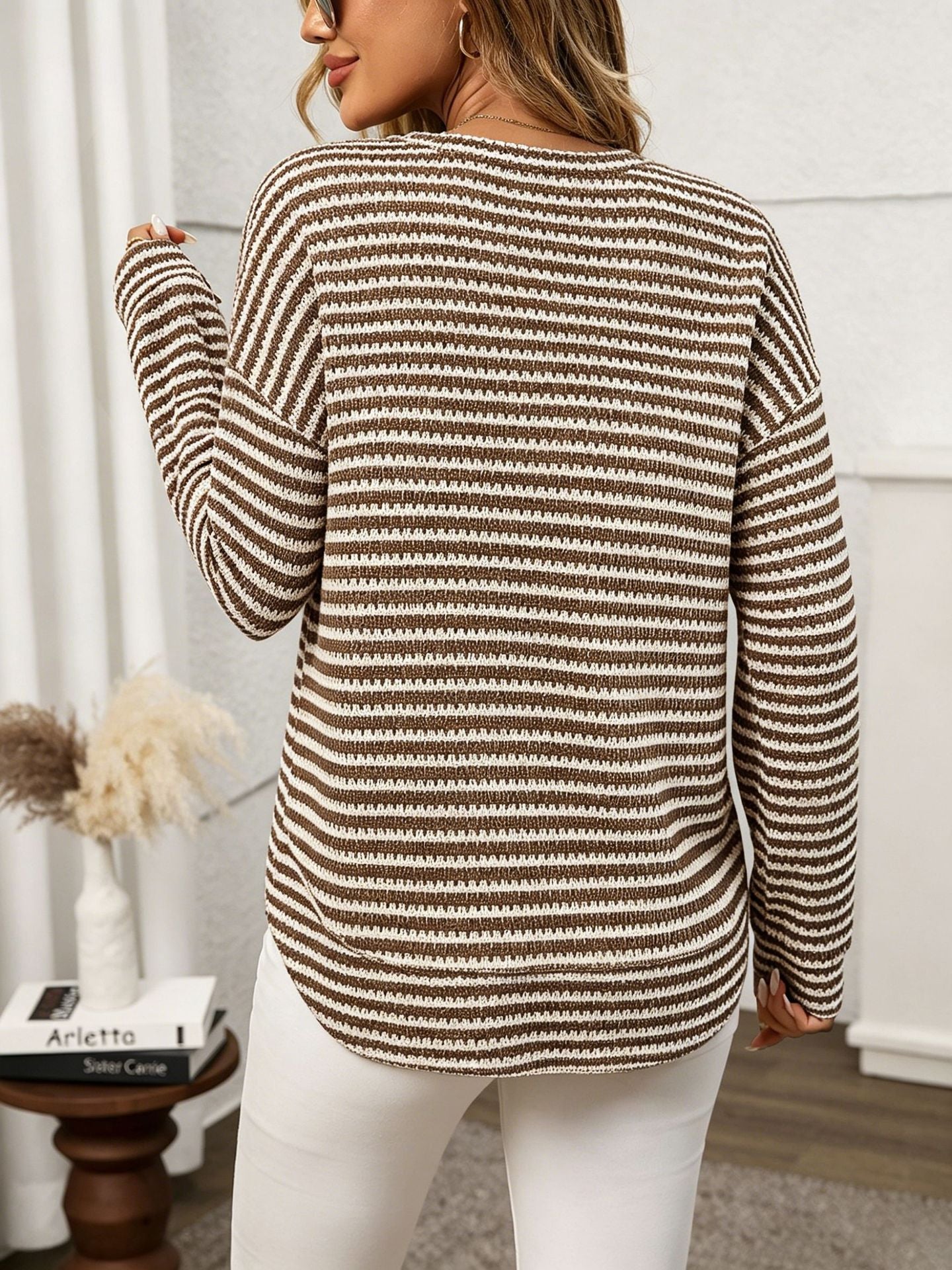 Margo & Main – Alvina brown striped waffle-knit crewneck long sleeve top, back view with the curved hem, US women's sizes