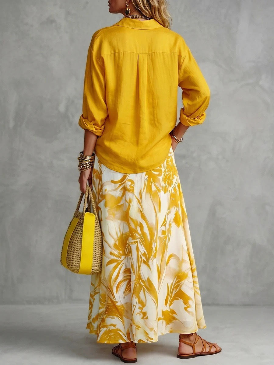 Daria Yellow Shirt & Floral Maxi Skirt Two Piece Set
