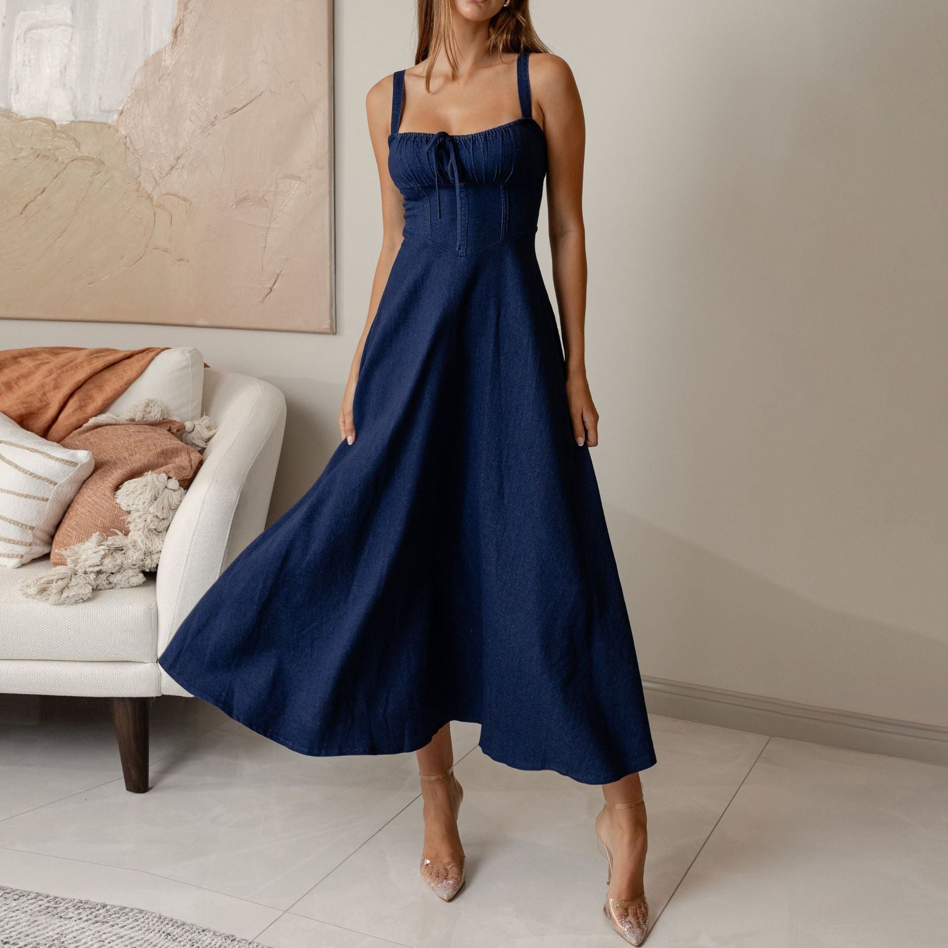 Margo & Main – navy denim sleeveless A line midi dress full front view, US women's sizes