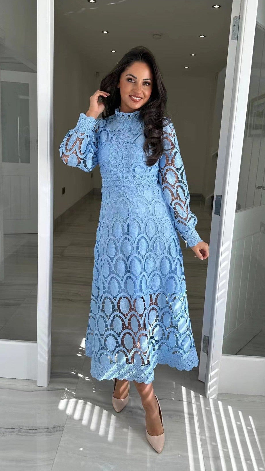 Margo & Main – Light Blue crochet lace midi dress, doorway lifestyle view, US women's sizes