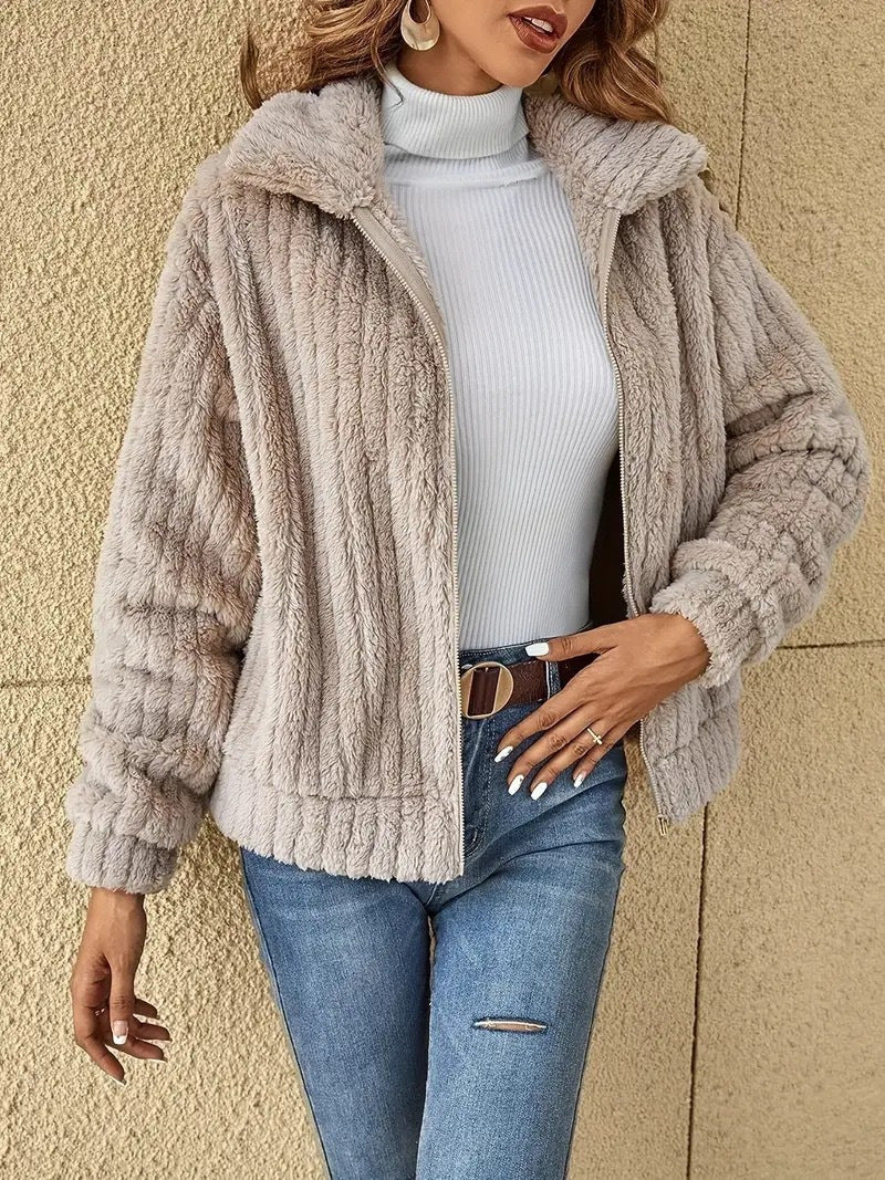 Margo & Main - taupe plush lapel collar short coat, plush pile texture close-up, US women's sizes