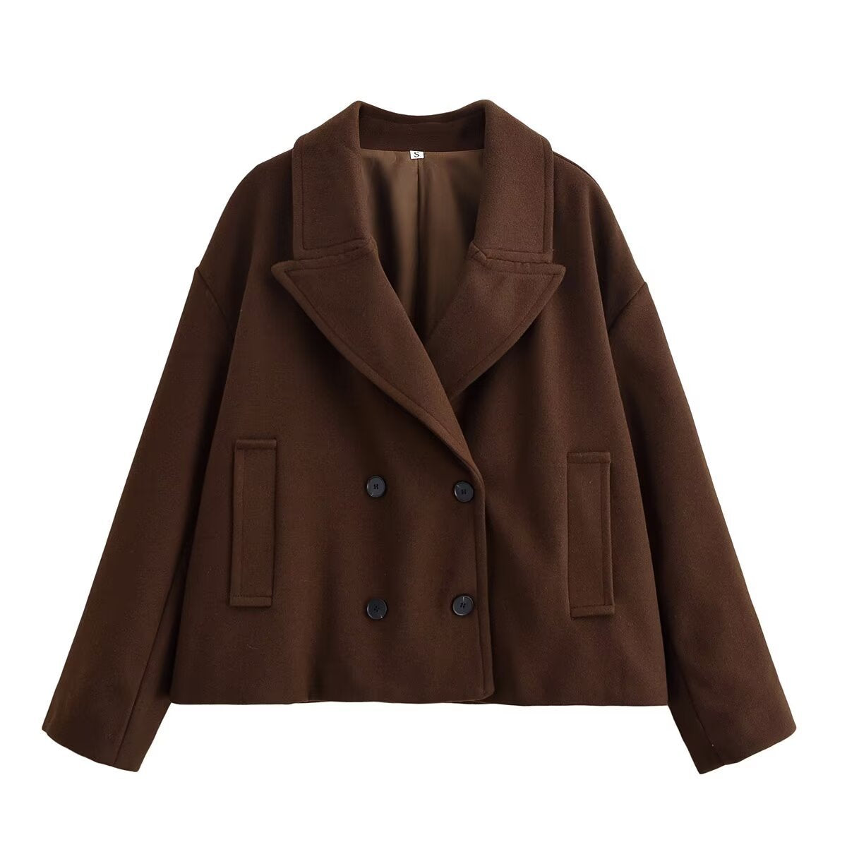 Margo & Main – Thalia dark brown cropped pea coat, notched lapel front, US women's sizes