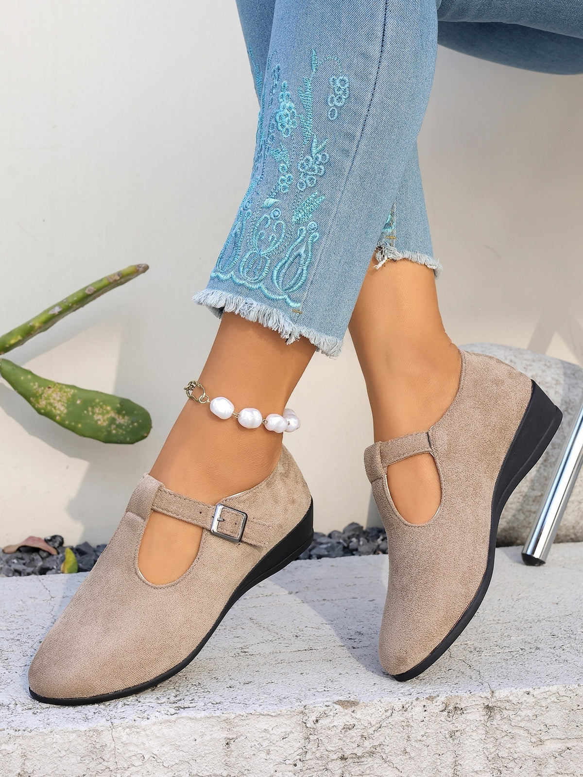 Cosette T-Strap Suede Wedge Mary Janes