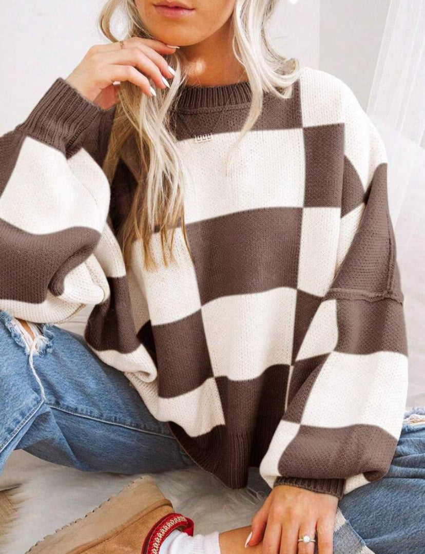 Margo & Main – checkerboard oversized crew sweater, angled view, US women's sizes