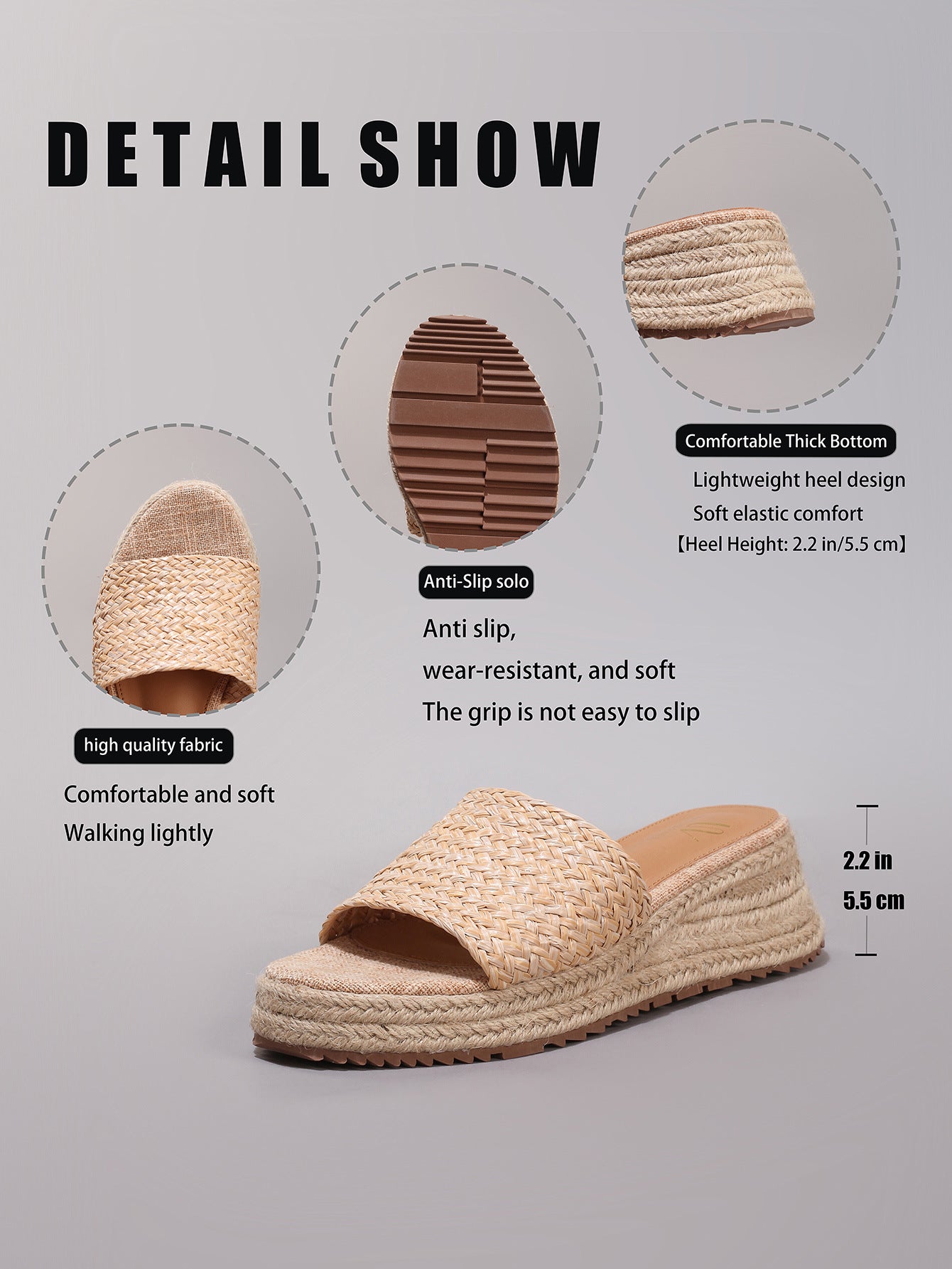 Margo & Main – raffia woven low wedge slide sandals, detail view, US women's sizes