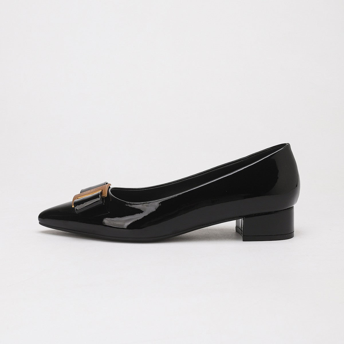 Margo & Main - black patent low block heel pumps side profile with heel, US women's sizes