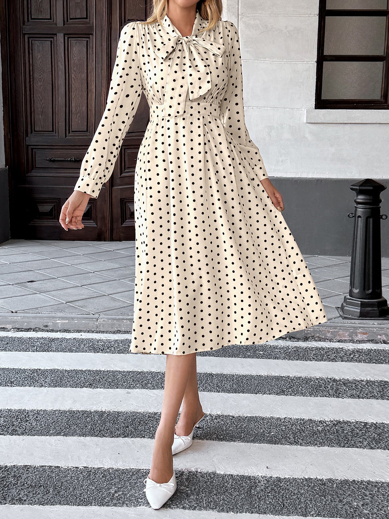 Margo & Main – polka dot tie neck pleated midi dress, front view, US women's sizes