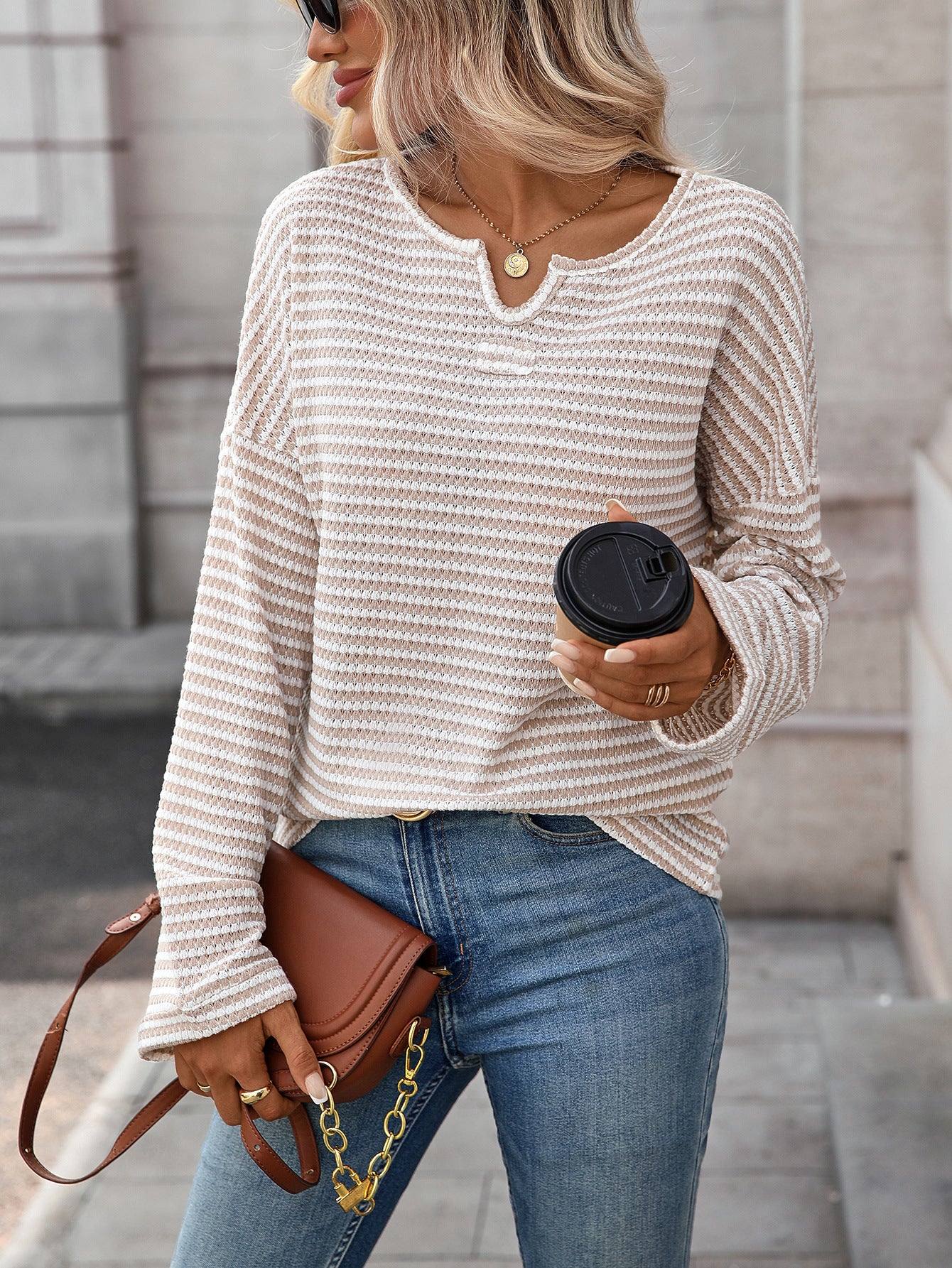 Margo & Main – waffle knit split-neck long sleeve top, back view, US women's sizes