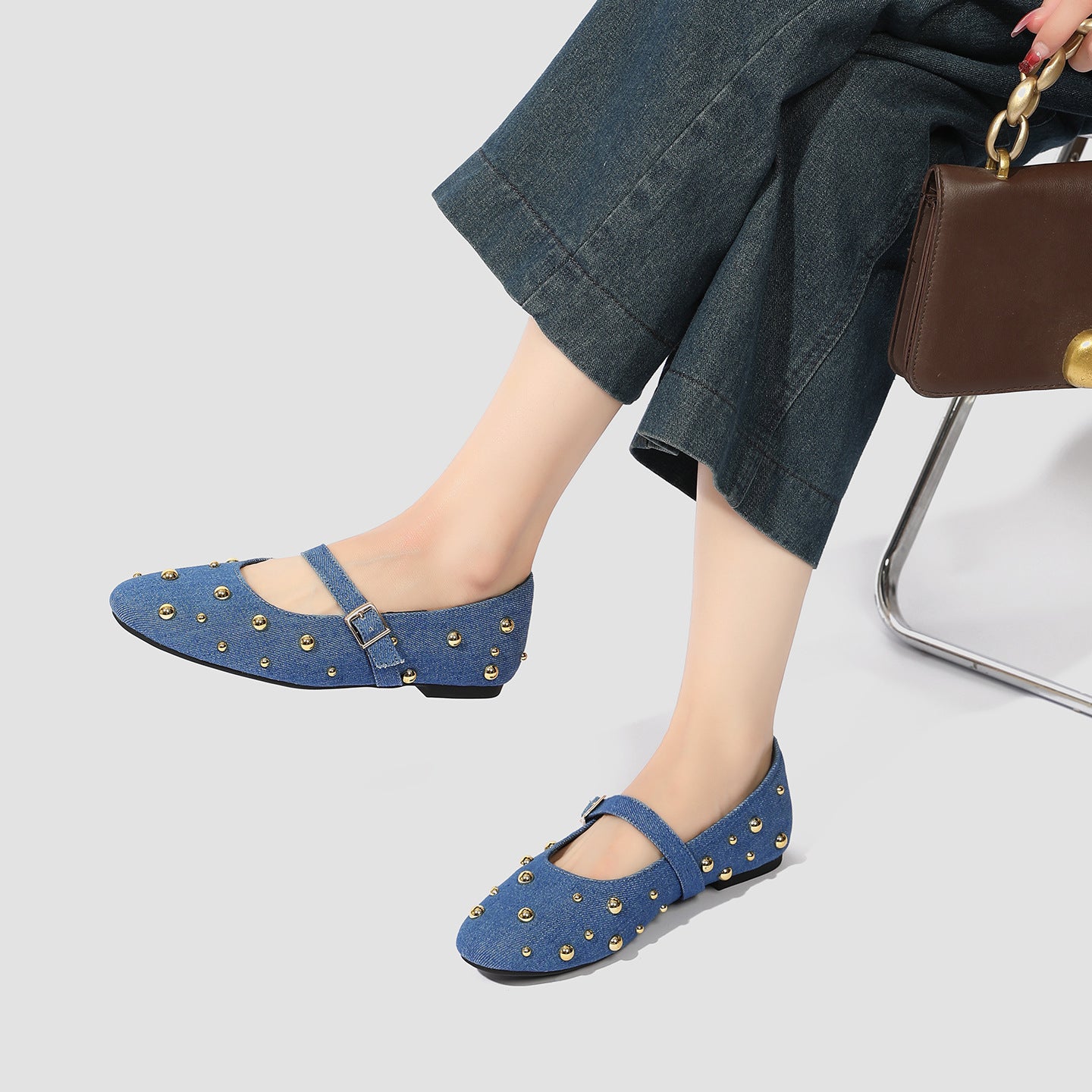 Margo & Main – blue studded denim mary jane flats, styled view, US women's sizes