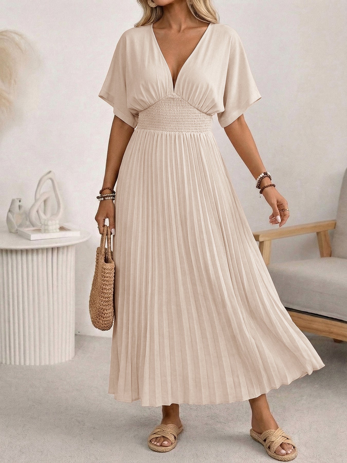 Margo & Main – cream pleated v-neck smocked maxi dress, back view, US women's sizes
