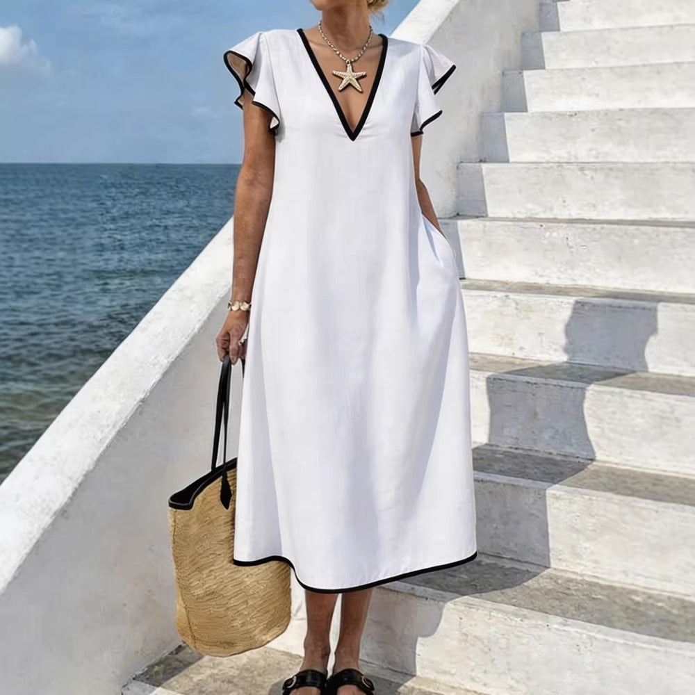 Margo & Main - white linen maxi dress contrast trim and hem detail, US women's sizes