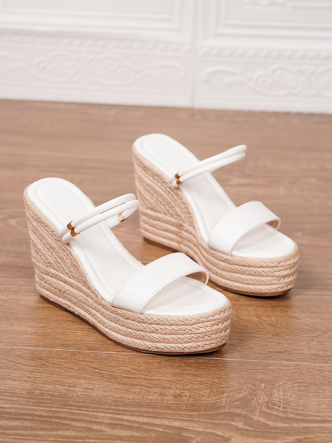 Margo & Main – braided straw platform slide sandals, worn view, US women's sizes