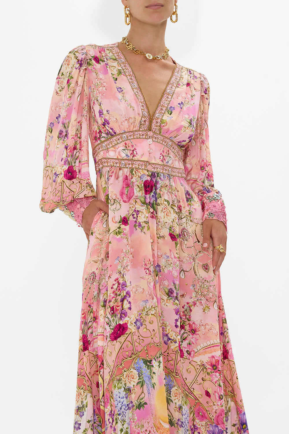 Margo & Main – floral chiffon puff sleeve maxi dress, detail view, US women's sizes