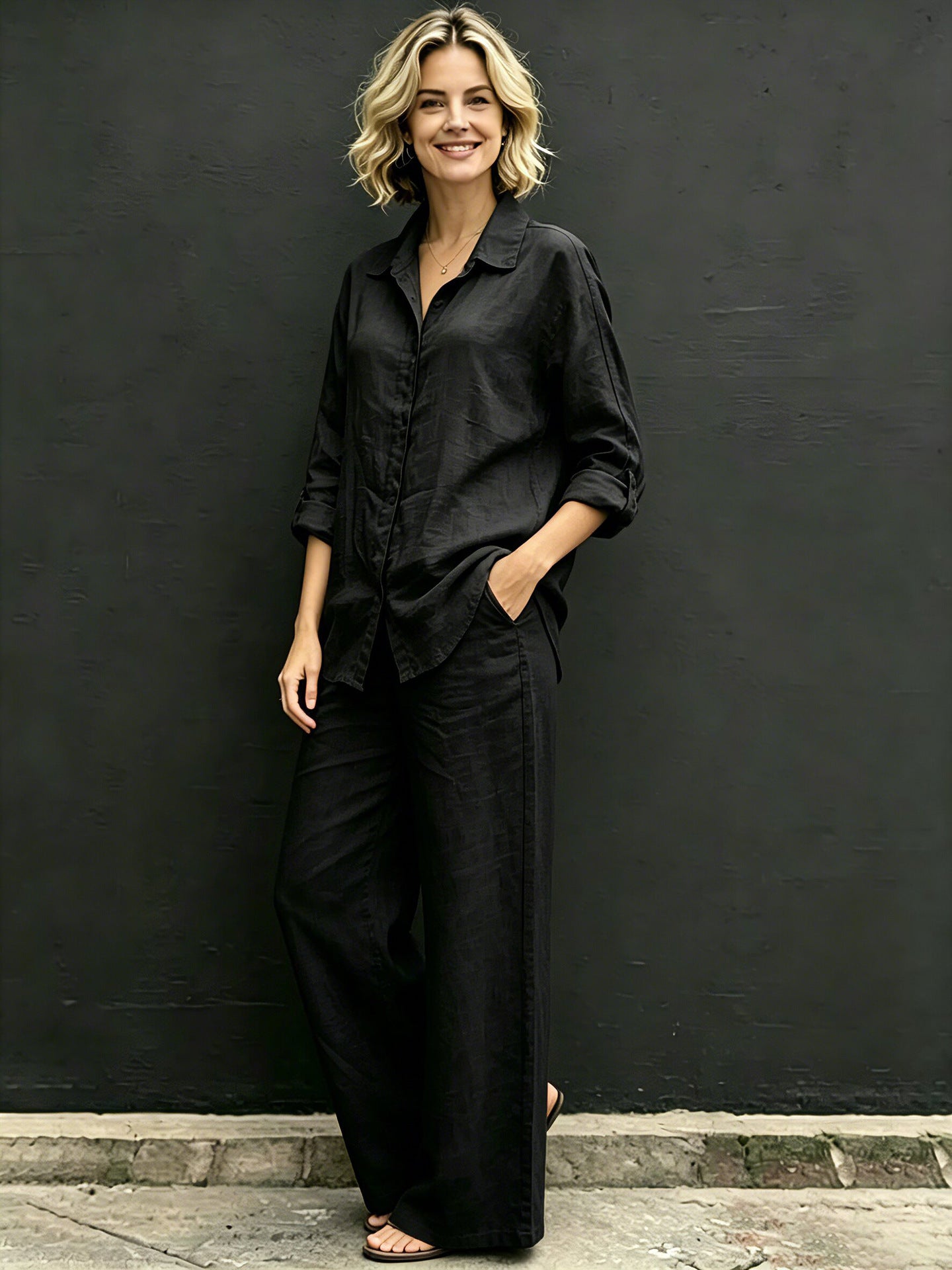 Brisa Relaxed Button-Up Wide Leg Pants Set