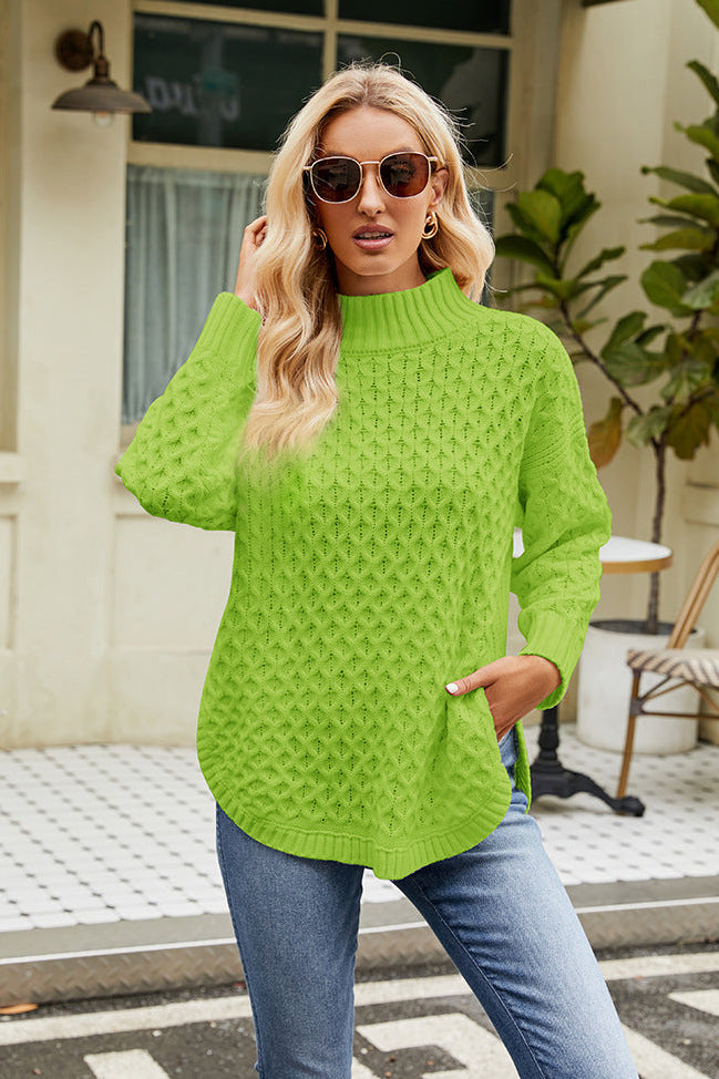 Margo & Main – textured mock neck tunic sweater, full length view, US women's sizes