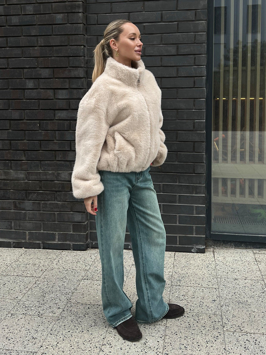 Essie Cropped Faux Fur Stand Collar Jacket