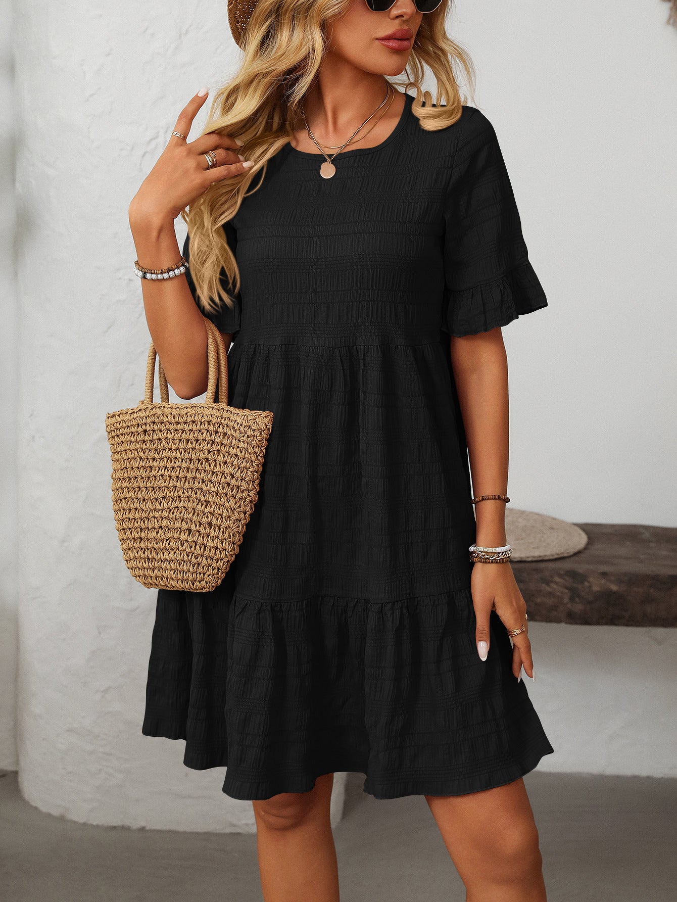 Vianne Textured Tiered Short-Sleeve Dress