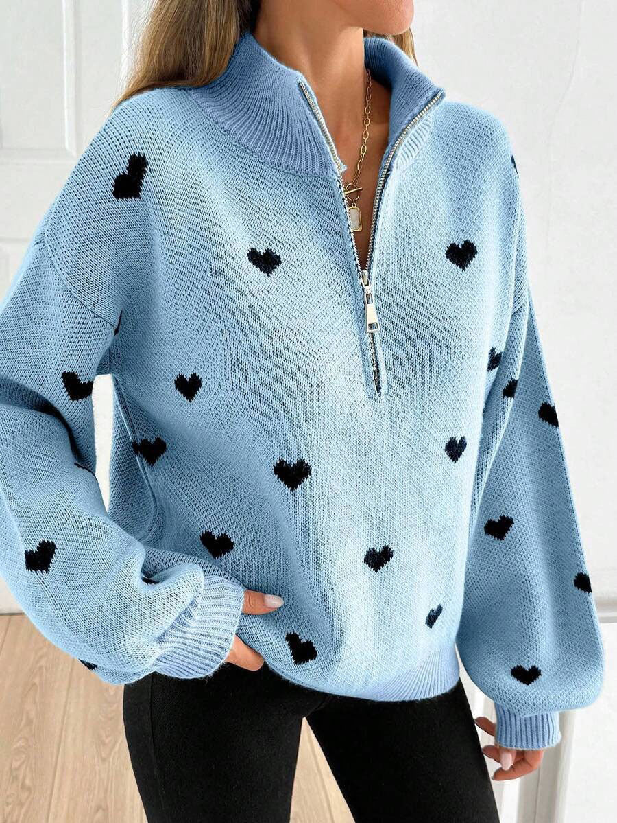 Margo & Main – heart print quarter-zip sweater, side view, US women's sizes