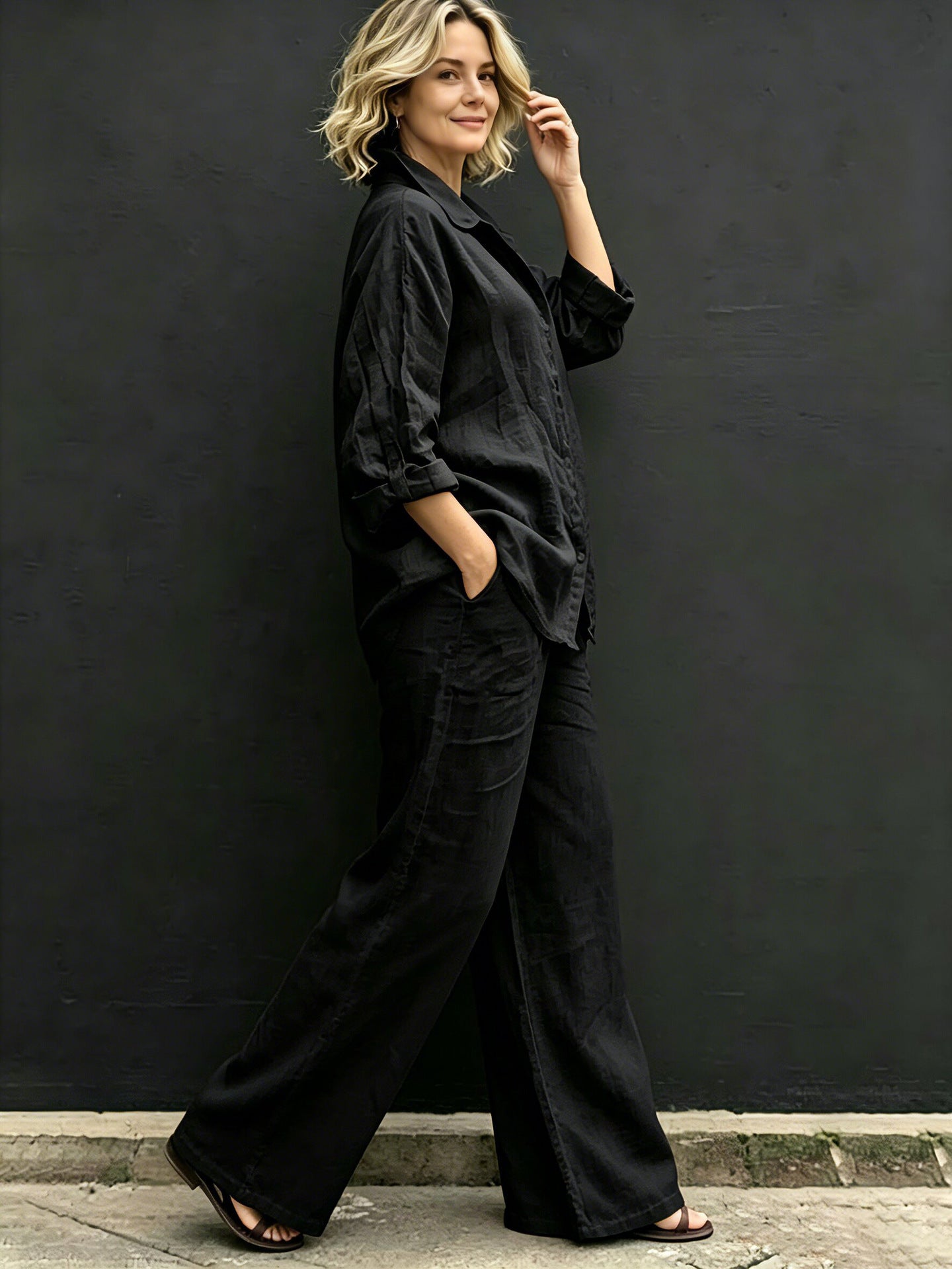 Brisa Relaxed Button-Up Wide Leg Pants Set