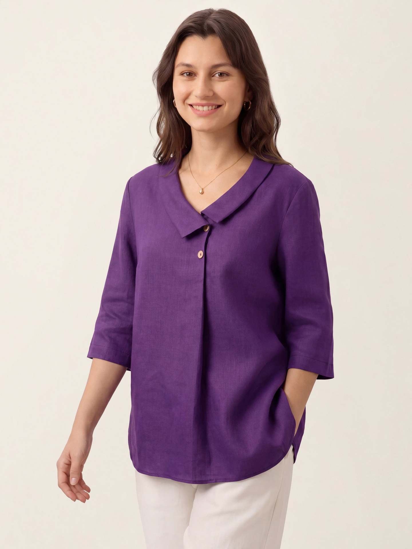 Margo & Main – Bettina purple tunic blouse, full front view standing, US women's sizes
