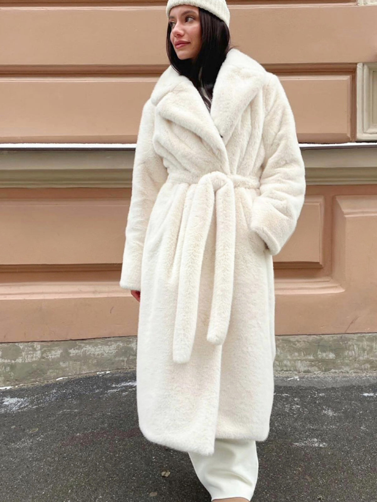 Amandine Belted Faux Fur Long Wrap Coat