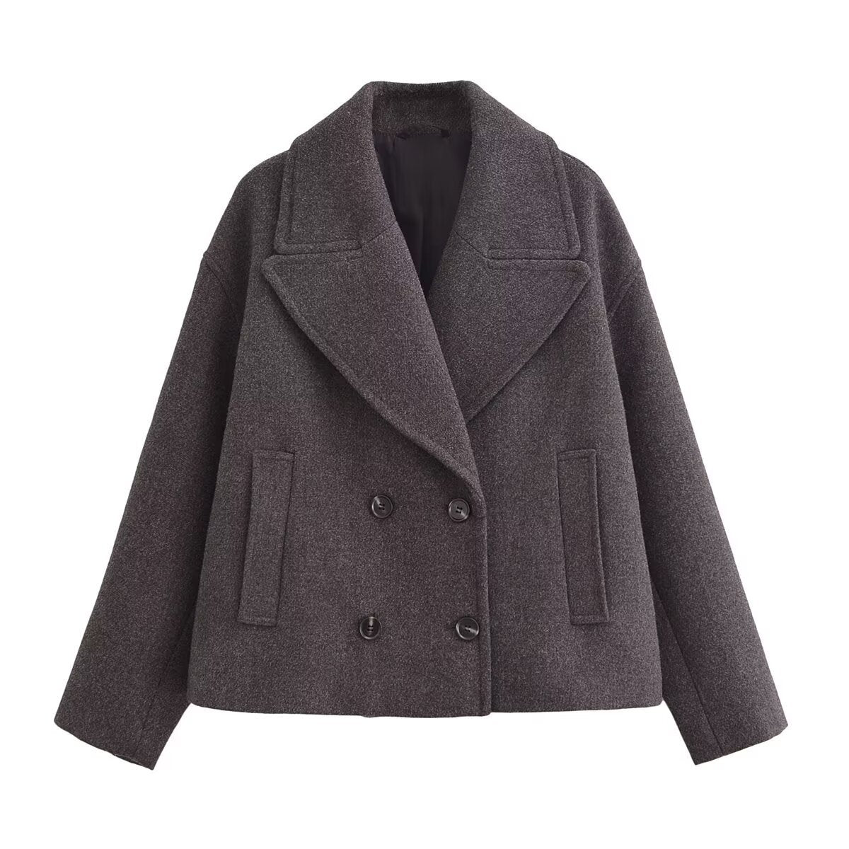 Margo & Main – Thalia gray cropped pea coat, front view with welt pockets, US women's sizes