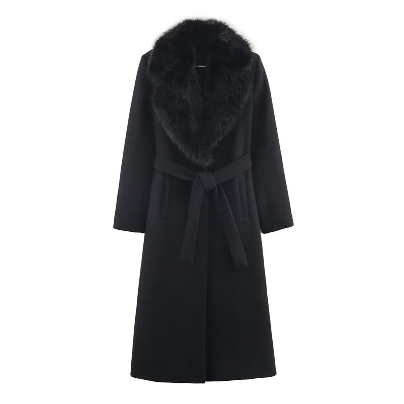Margo & Main – faux fur collar belted wool coat, styled view, US women's sizes