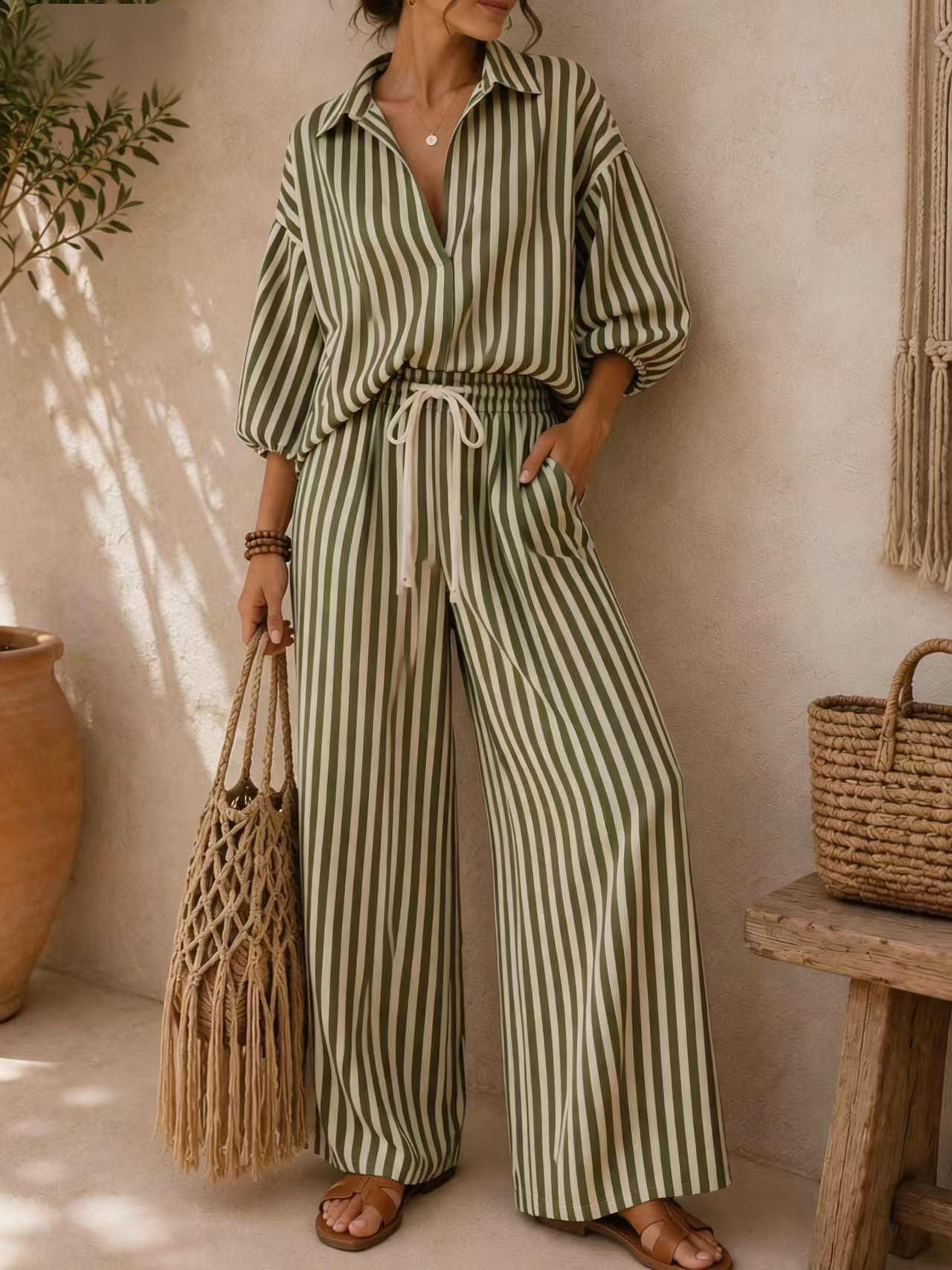 Etta Cotton Linen Striped Two Piece Pants Set