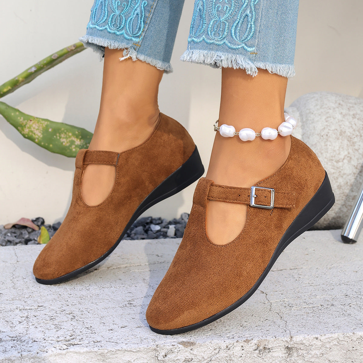 Margo & Main - brown suede T-strap wedge Mary Janes worn on foot, US women's sizes