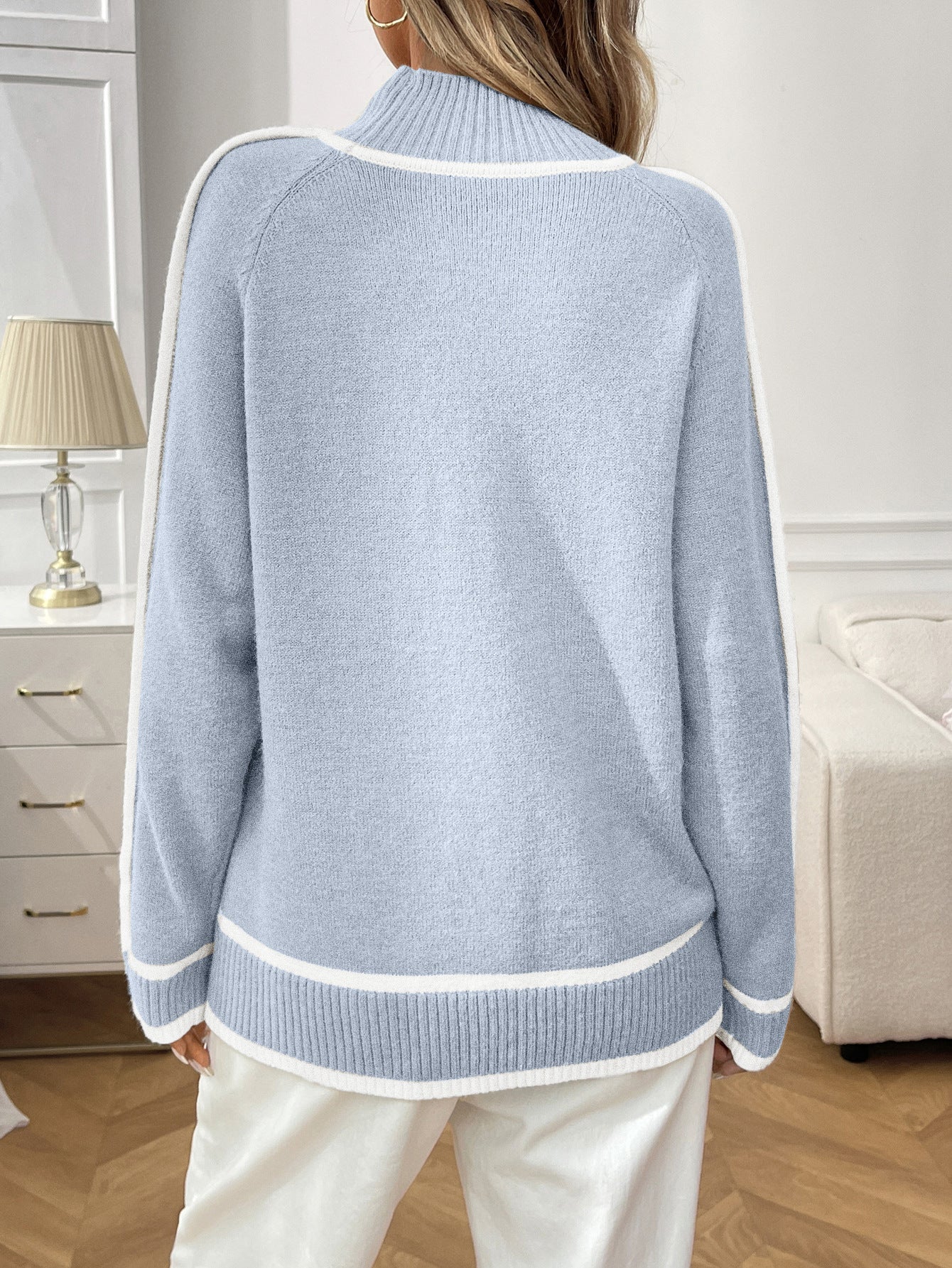 Margo & Main – contrast-trim mock neck sweater, close-up view, US women's sizes