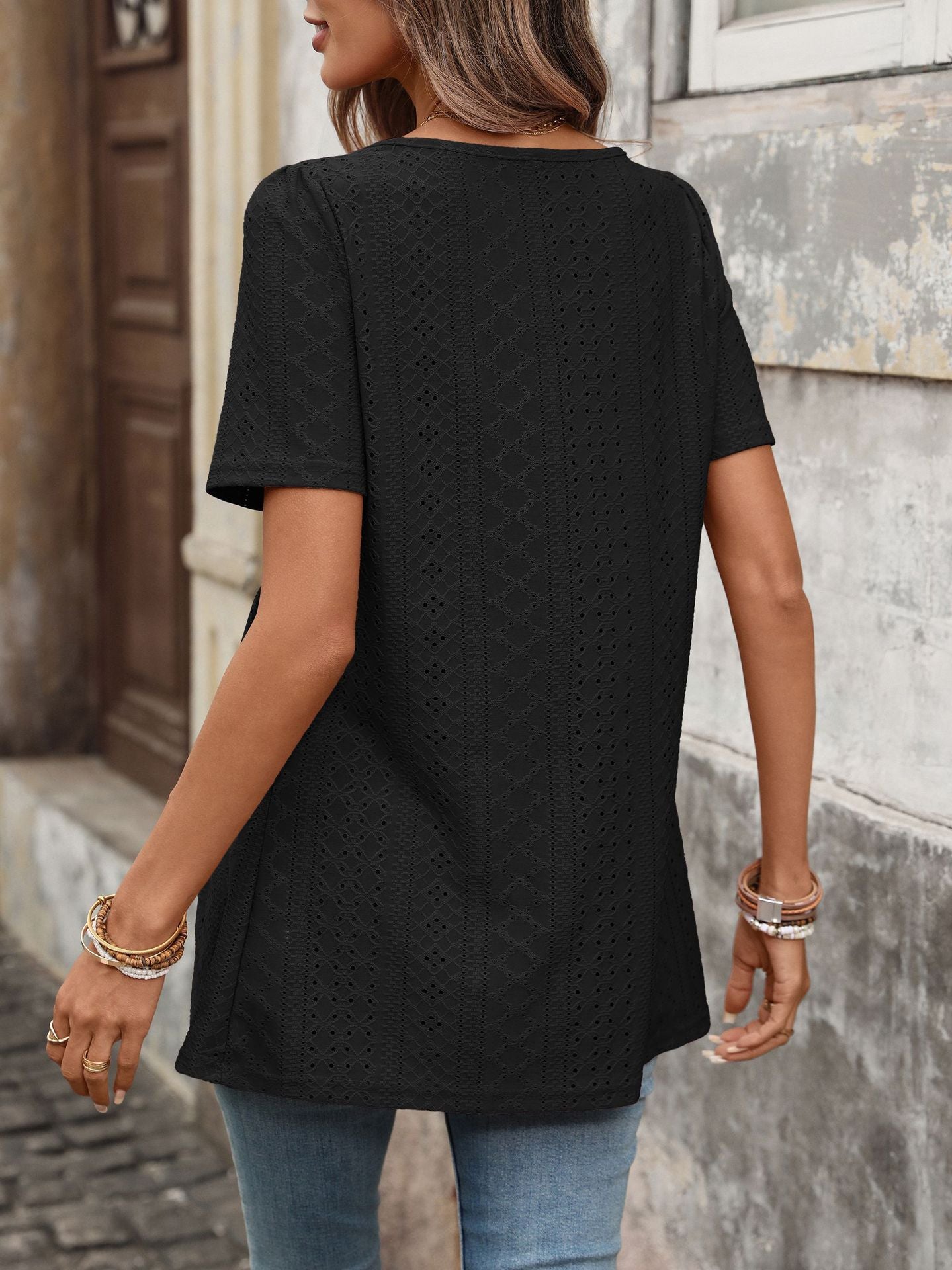 Margo & Main – eyelet square-neck peplum tunic, full length view, US women's sizes