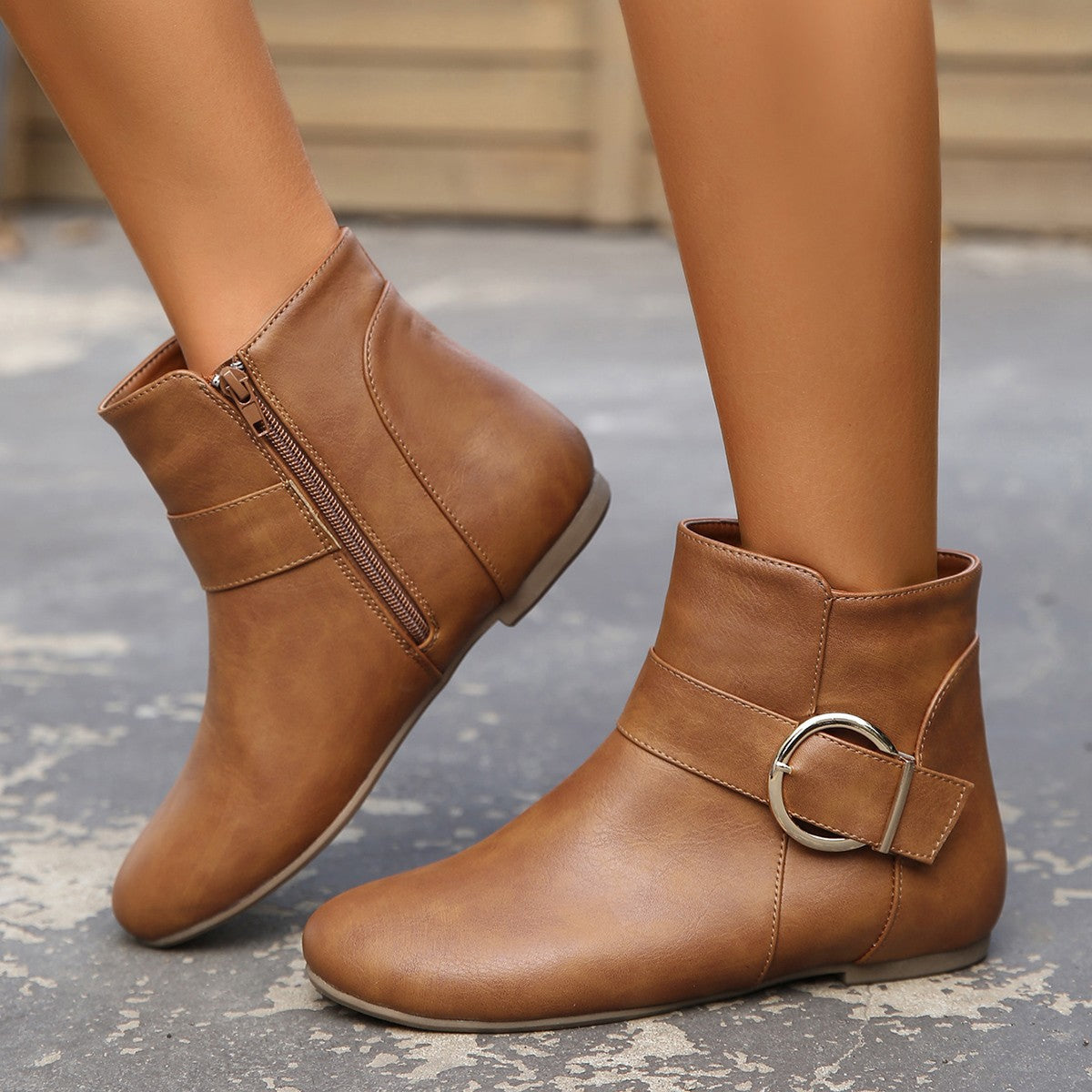Effie Buckle Strap Side-Zip Flat Ankle Boots