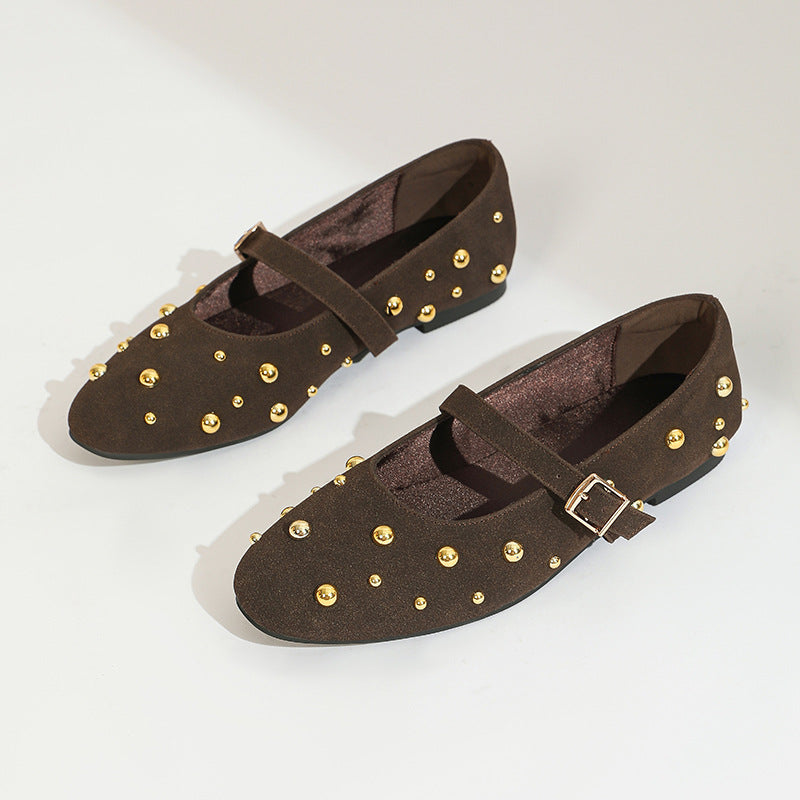 Margo & Main – dark brown studded suede mary jane flats, angled pair, US women's sizes