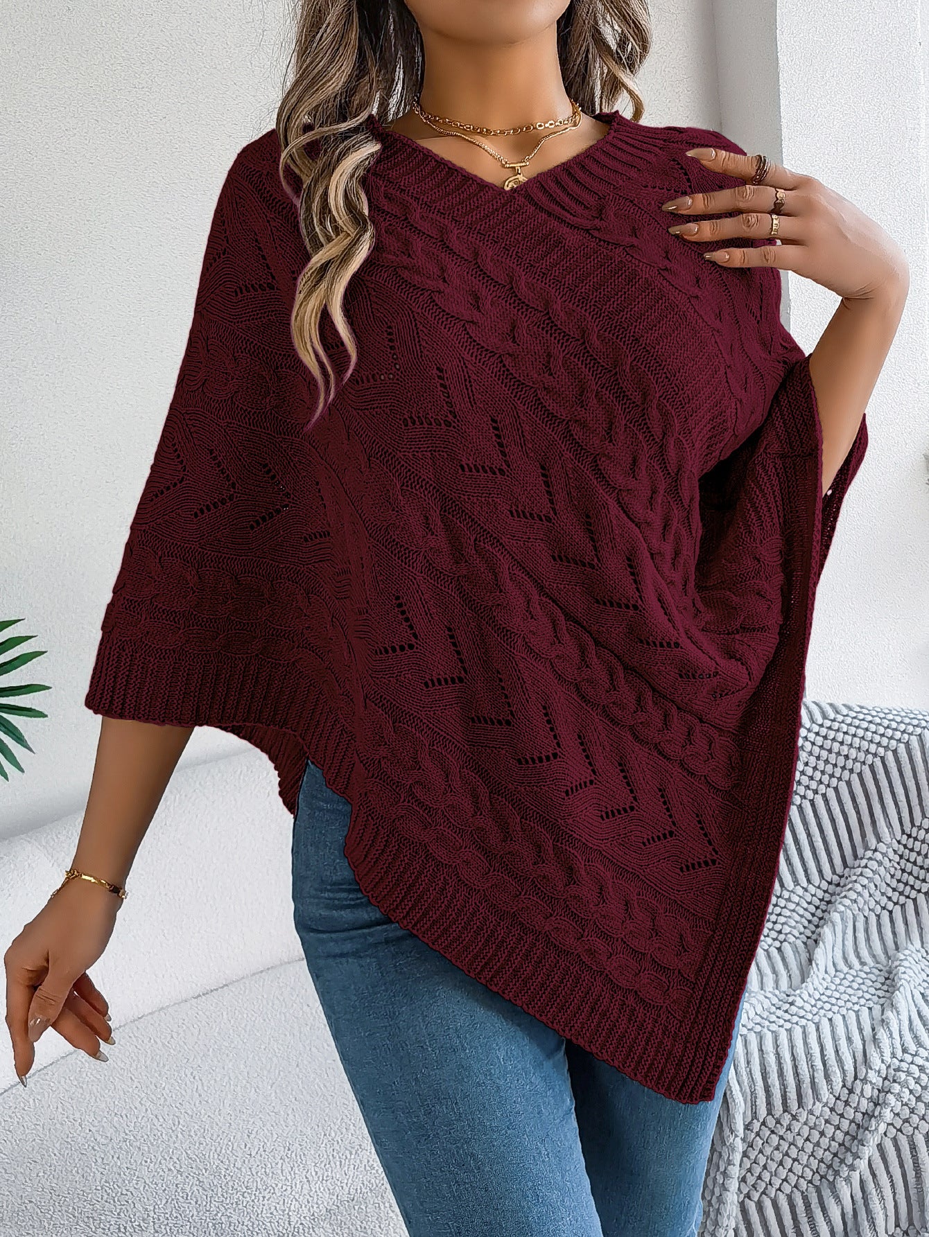 Margo & Main – cable knit v-neck cape poncho, close-up view, US women's sizes