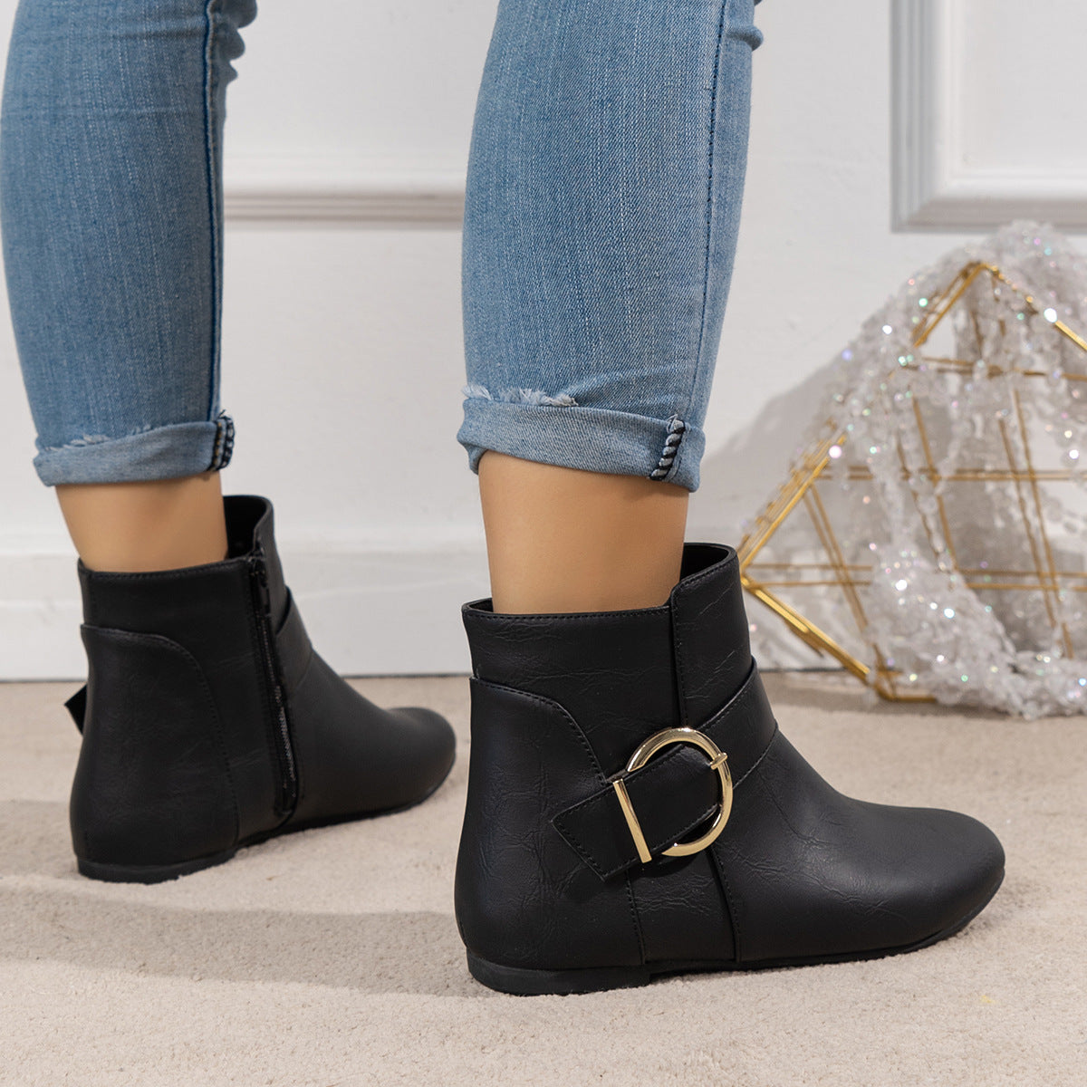 Effie Buckle Strap Side-Zip Flat Ankle Boots