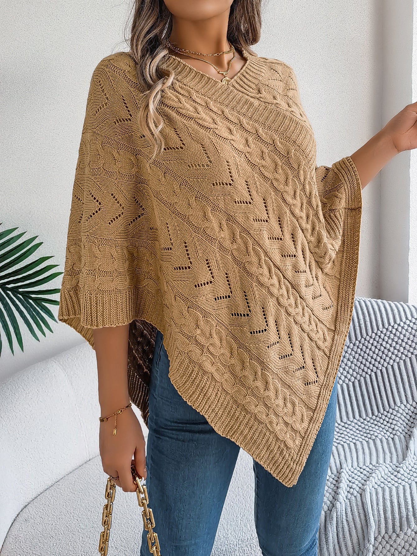 Margo & Main – cable knit v-neck cape poncho, front view, US women's sizes
