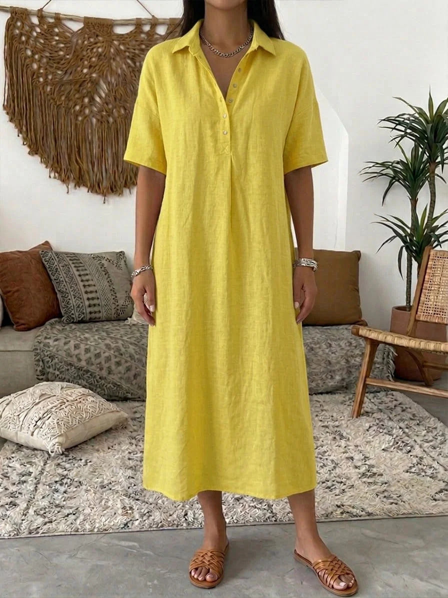 Margo & Main – Fenna yellow collared linen shirt midi dress, full-length front view in a boho living room, US women's sizes