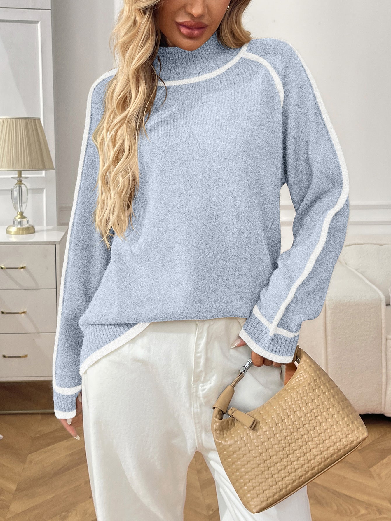 Margo & Main – contrast-trim mock neck sweater, full length view, US women's sizes