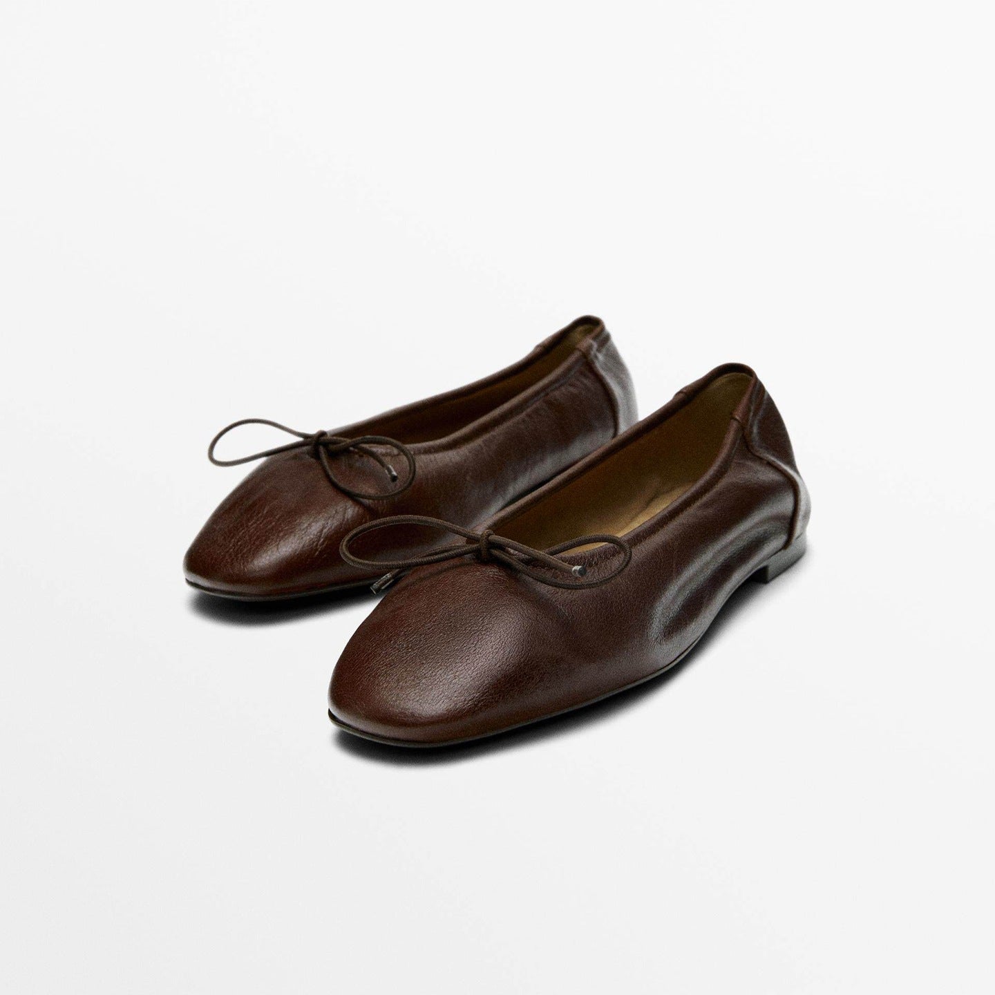 Margo & Main – brown leather ballet flats with bow, angled pair view, US women's sizes