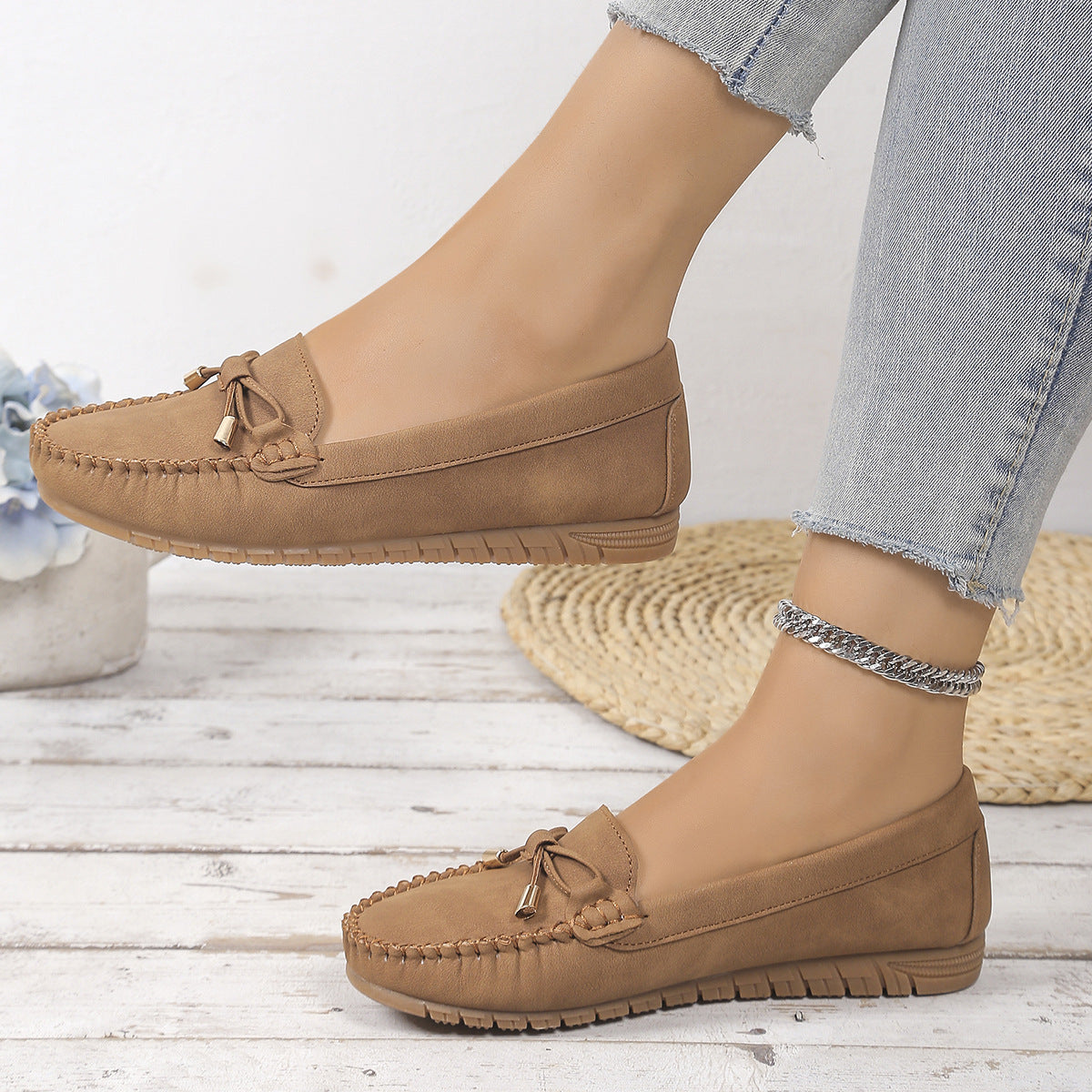 Margo & Main – camel suede moccasin loafers worn with jeans, side view, US women's sizes