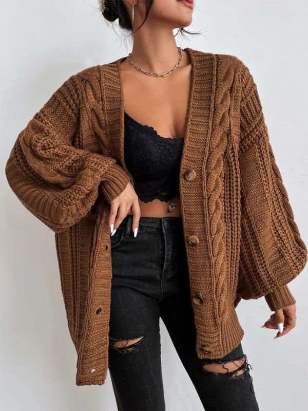 Idonea Chunky Cable Knit Lantern Sleeve Cardigan