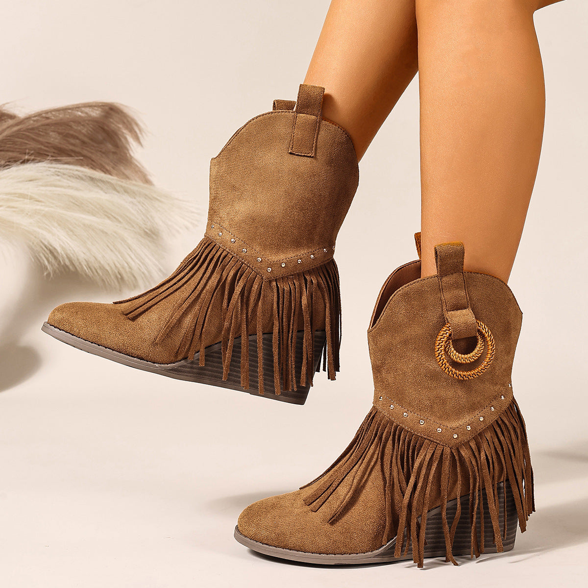 Mirren Fringe Studded Western Mid-Calf Boots