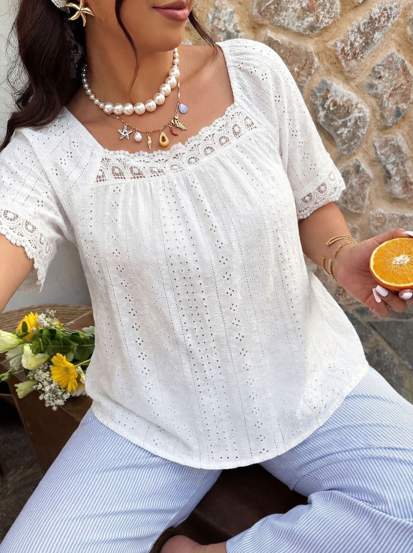 Loretta Plus Size White Eyelet Blouse