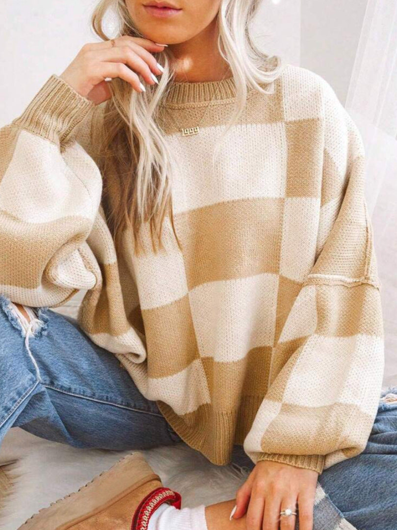 Margo & Main – tan checkerboard oversized crew neck sweater fabric texture detail, US women's sizes