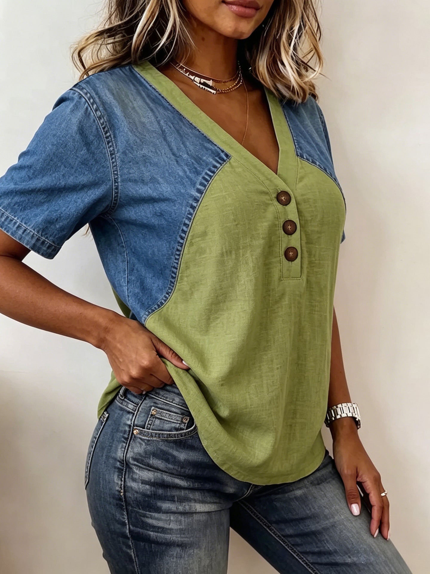 Alexandra Denim Contrast V-Neck Blouse